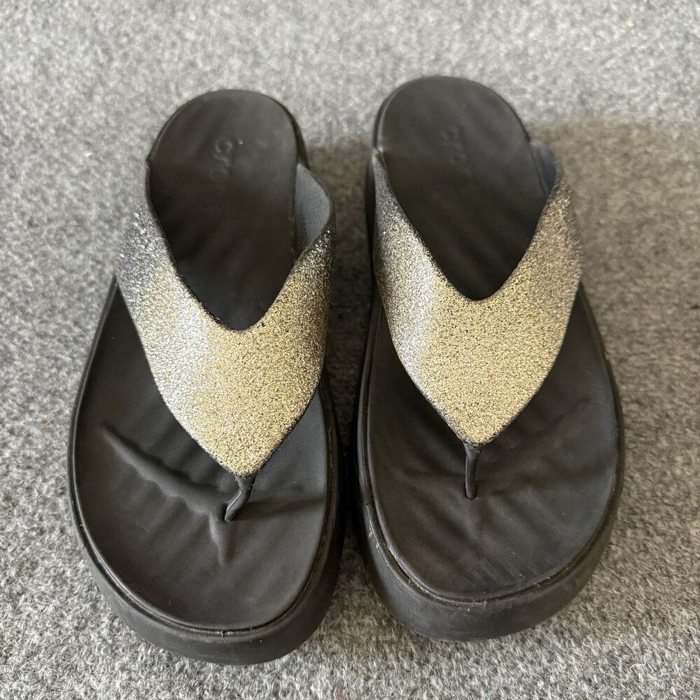 Crocs Getaway Chunky Glitter Platform Flip Flops Free Feel Tech Black Silver 8